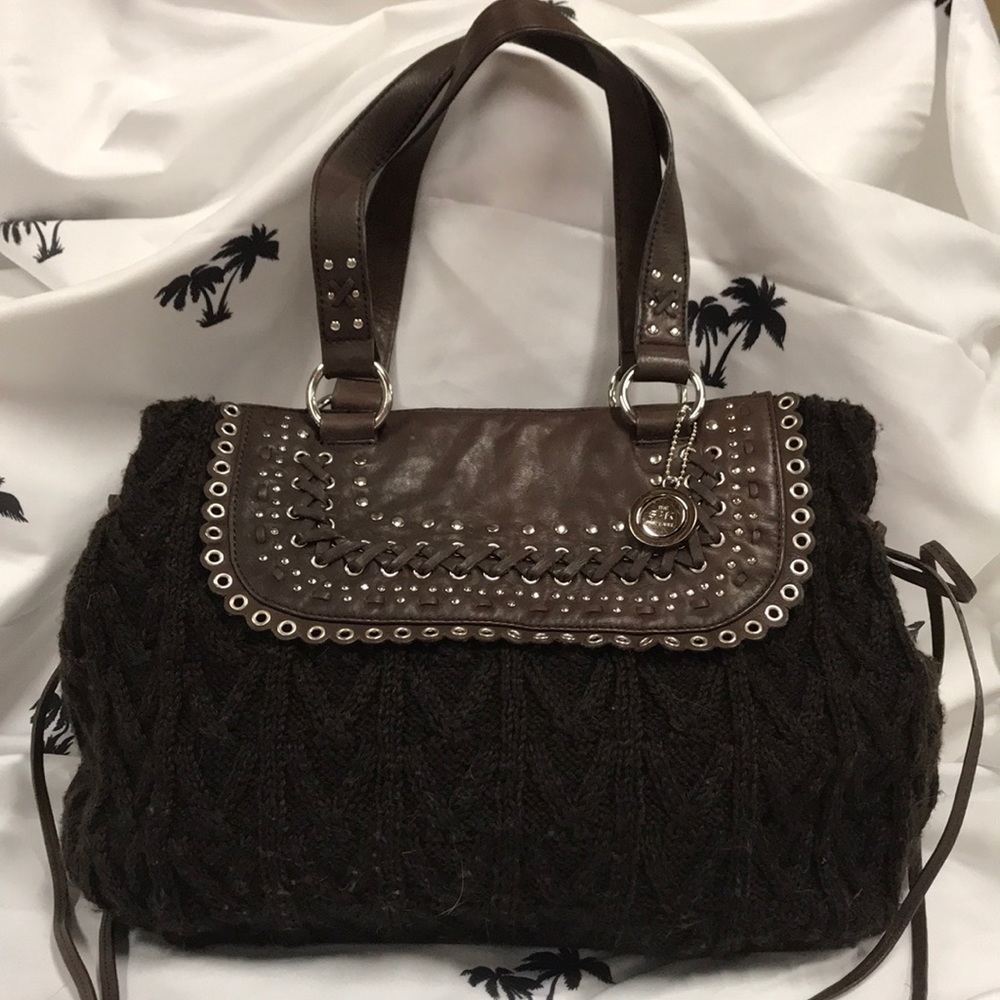 The Sak Brown Knit Sweater Purse with Leather Trim